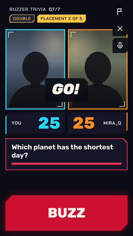 App concept screen: two players in a Buzzer Trivia battle, tied 25 to 25, at the GO! moment.